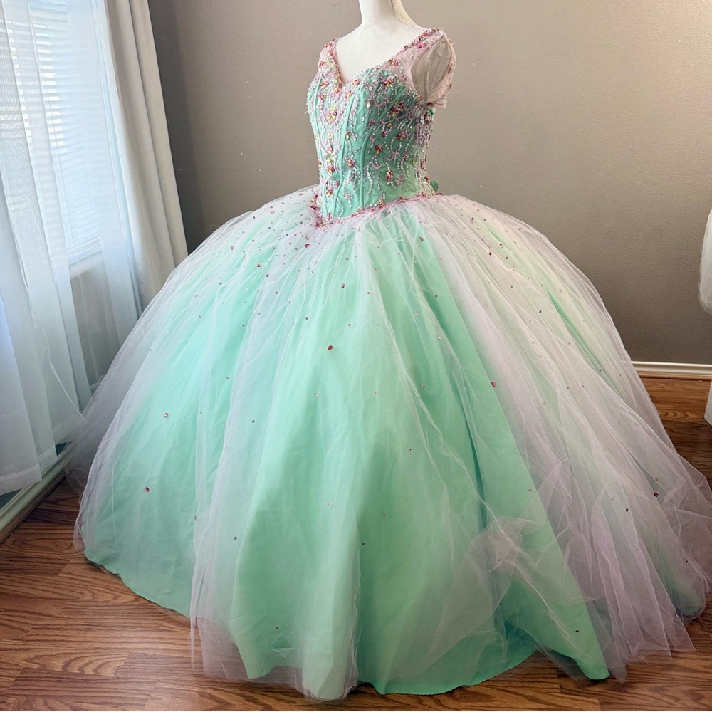 Elegant Mint Green Pink Quinceanera dress Gown (Petticoat not included)
